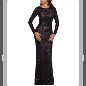 knee length dresses for ladies Betsy & Adam Womens Mock Neck Sheer Sleeve Evening Dress Black 12